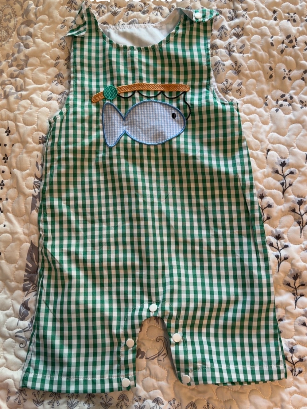 Green Gingham Baby Romper with Fish Applique